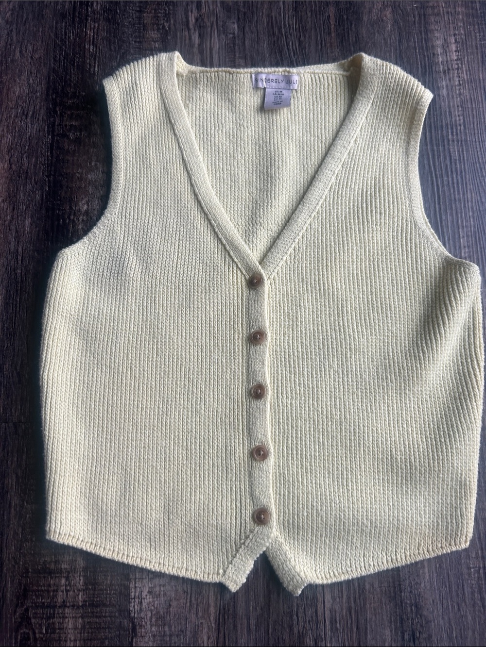 Sincerly Jules Pale Yellow V‑Neck Button Sweater Vest
